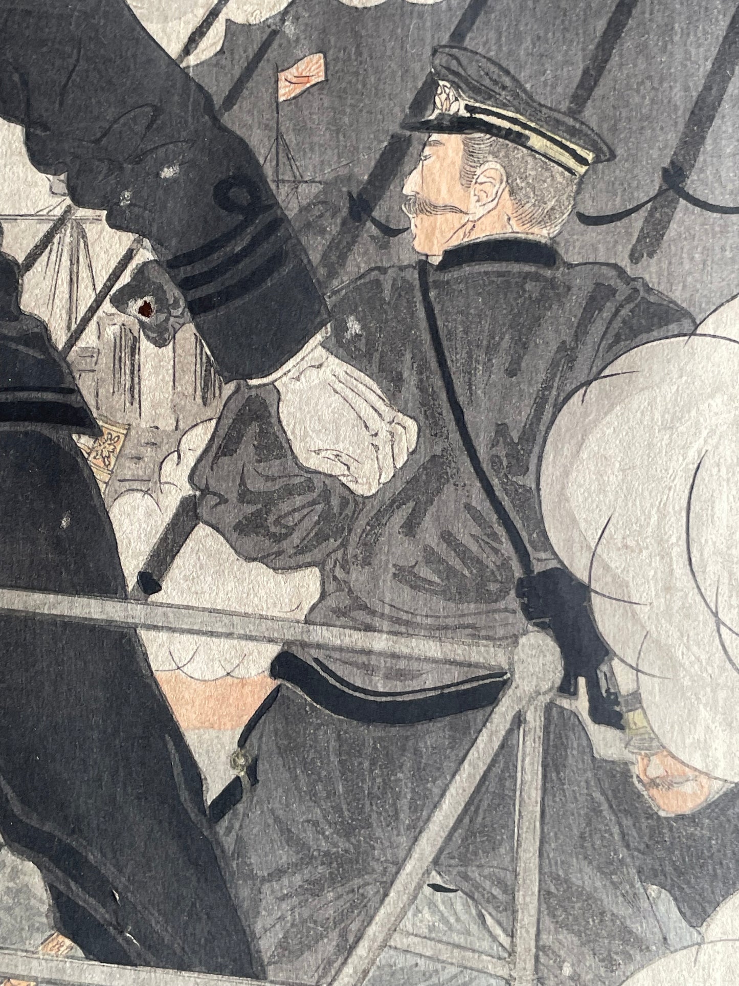 Meiji 1904 Ukiyo-e "Prince Kikumaro Aboard the Yakumo" by Takahashi Yoshikuni (Approximately 38X75CM)