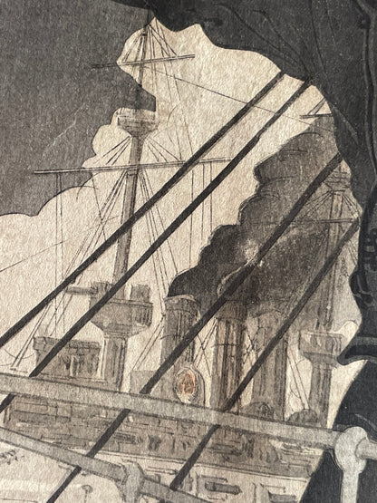 Meiji 1904 Ukiyo-e "Prince Kikumaro Aboard the Yakumo" by Takahashi Yoshikuni (Approximately 38X75CM)