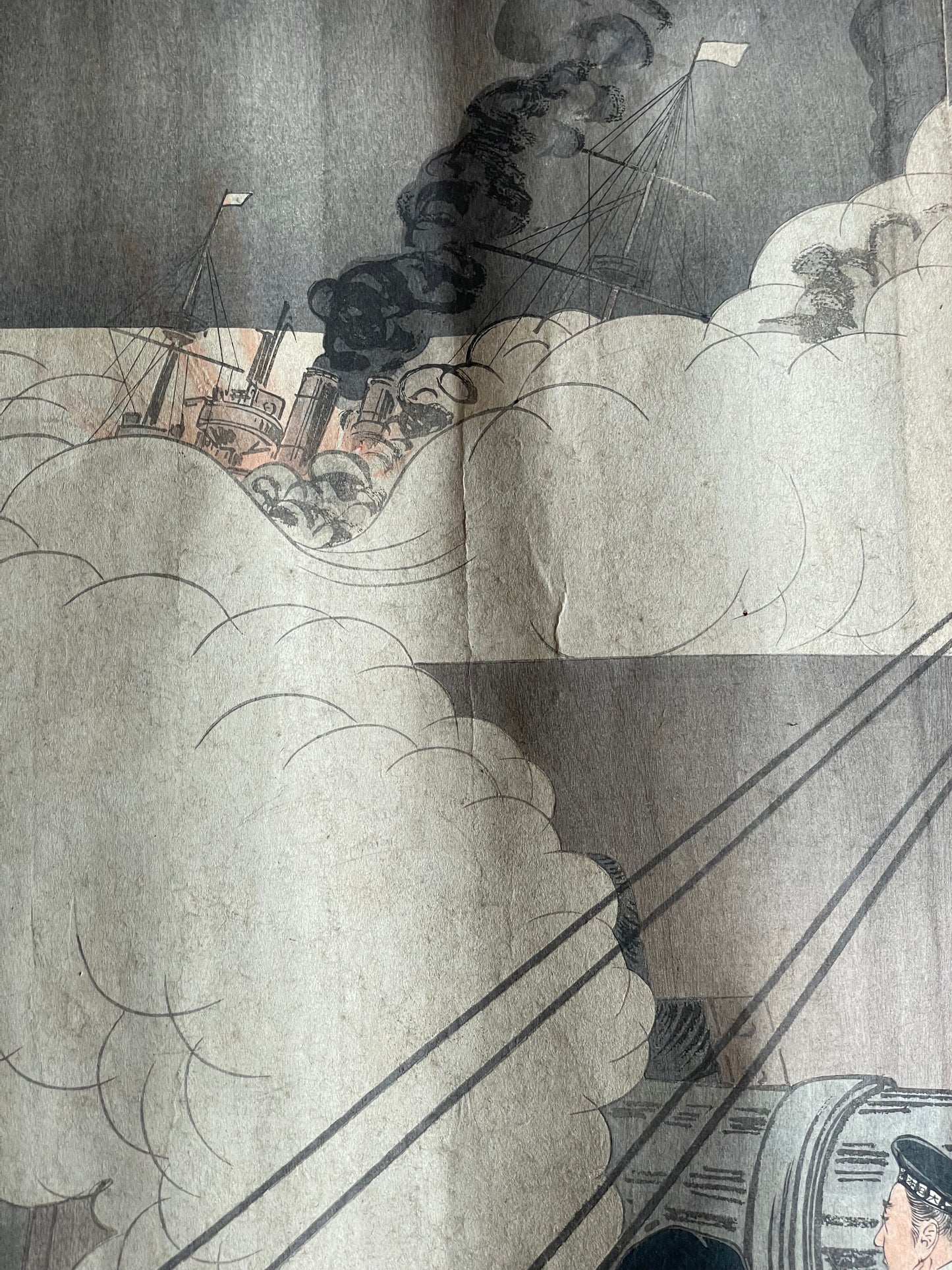 Meiji 1904 Ukiyo-e "Prince Kikumaro Aboard the Yakumo" by Takahashi Yoshikuni (Approximately 38X75CM)