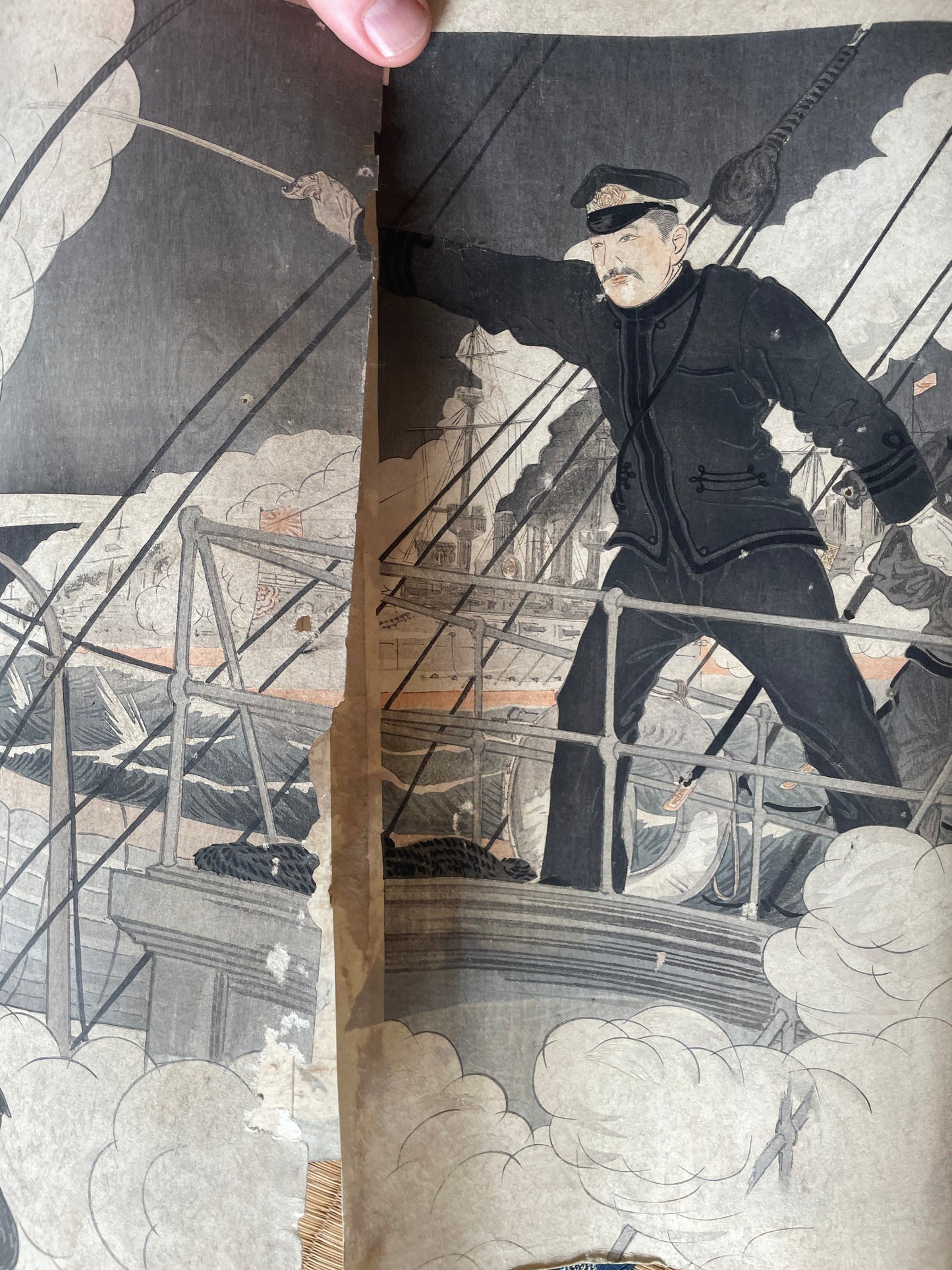 Meiji 1904 Ukiyo-e "Prince Kikumaro Aboard the Yakumo" by Takahashi Yoshikuni (Approximately 38X75CM)