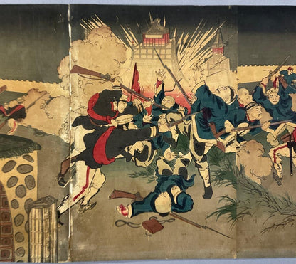 1894 Meiji Era War Propaganda Print Oguni Masakazu "Pyongyang Japan’s Great Victory 平壌大捷之図" (Approx. 71 x 36 cm)