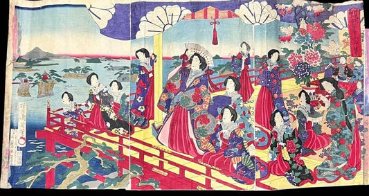 Meiji 1880s "Pleasure Excursion at Miyajima" by Toyohara Chikanobu (Approximately 75X28CM)