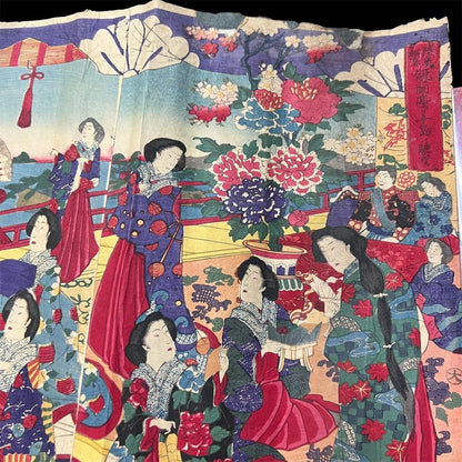 Meiji 1880s "Pleasure Excursion at Miyajima" by Toyohara Chikanobu (Approximately 75X28CM)