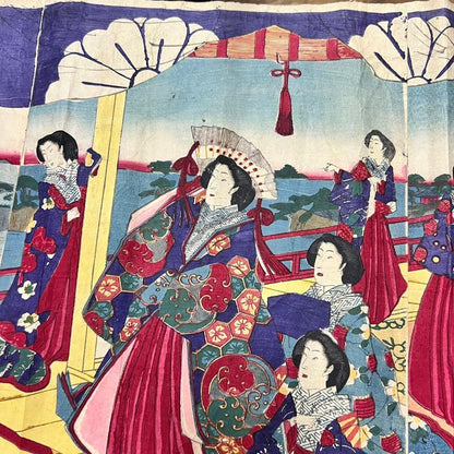 Meiji 1880s "Pleasure Excursion at Miyajima" by Toyohara Chikanobu (Approximately 75X28CM)