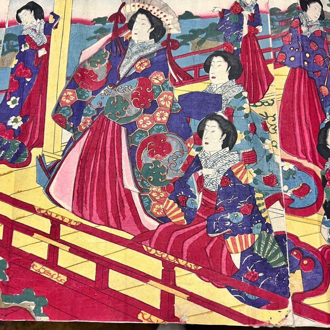 Meiji 1880s "Pleasure Excursion at Miyajima" by Toyohara Chikanobu (Approximately 75X28CM)