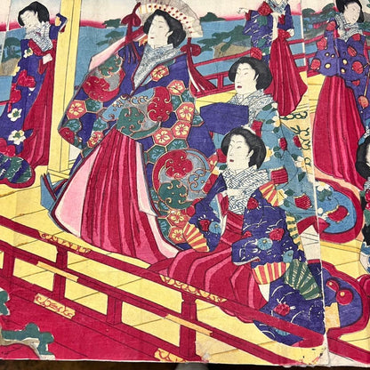 Meiji 1880s "Pleasure Excursion at Miyajima" by Toyohara Chikanobu (Approximately 75X28CM)