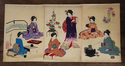 Meiji 1880 Ukiyo-e Women’s Etiquette Woodblock Triptych (女礼式之図) by Utagawa Kuniteru II (Approximately 38X75CM)