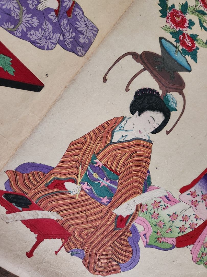 Meiji 1880 Ukiyo-e Women’s Etiquette Woodblock Triptych (女礼式之図) by Utagawa Kuniteru II (Approximately 38X75CM)