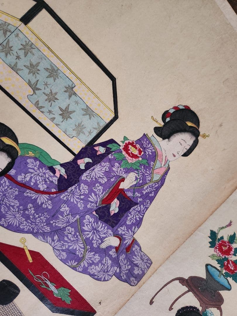 Meiji 1880 Ukiyo-e Women’s Etiquette Woodblock Triptych (女礼式之図) by Utagawa Kuniteru II (Approximately 38X75CM)