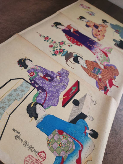 Meiji 1880 Ukiyo-e Women’s Etiquette Woodblock Triptych (女礼式之図) by Utagawa Kuniteru II (Approximately 38X75CM)