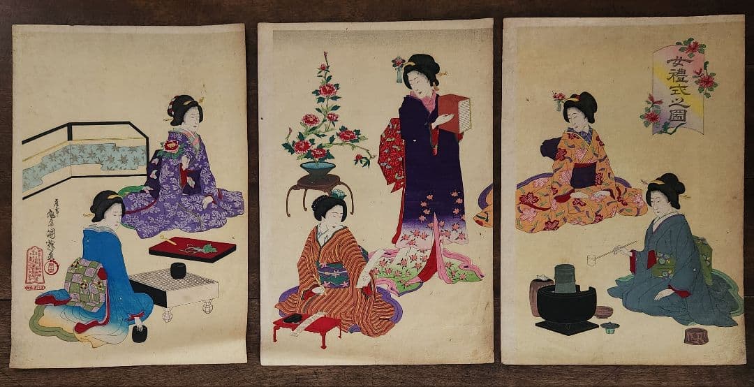 Meiji 1880 Ukiyo-e Women’s Etiquette Woodblock Triptych (女礼式之図) by Utagawa Kuniteru II (Approximately 38X75CM)