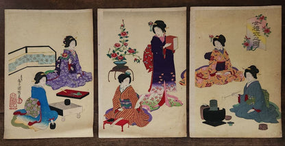 Meiji 1880 Ukiyo-e Women’s Etiquette Woodblock Triptych (女礼式之図) by Utagawa Kuniteru II (Approximately 38X75CM)