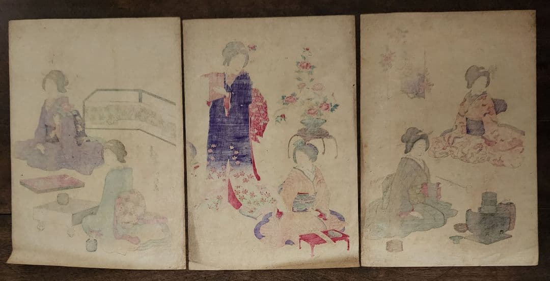 Meiji 1880 Ukiyo-e Women’s Etiquette Woodblock Triptych (女礼式之図) by Utagawa Kuniteru II (Approximately 38X75CM)