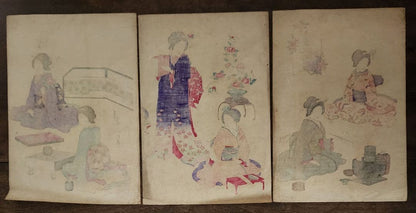 Meiji 1880 Ukiyo-e Women’s Etiquette Woodblock Triptych (女礼式之図) by Utagawa Kuniteru II (Approximately 38X75CM)