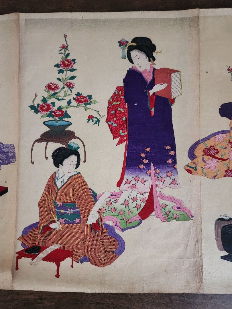 Meiji 1880 Ukiyo-e Women’s Etiquette Woodblock Triptych (女礼式之図) by Utagawa Kuniteru II (Approximately 38X75CM)