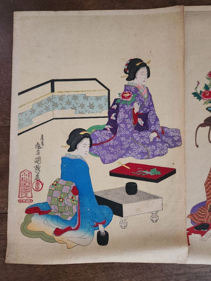 Meiji 1880 Ukiyo-e Women’s Etiquette Woodblock Triptych (女礼式之図) by Utagawa Kuniteru II (Approximately 38X75CM)