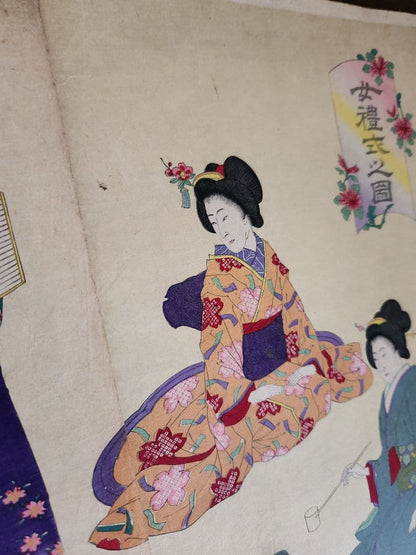Meiji 1880 Ukiyo-e Women’s Etiquette Woodblock Triptych (女礼式之図) by Utagawa Kuniteru II (Approximately 38X75CM)
