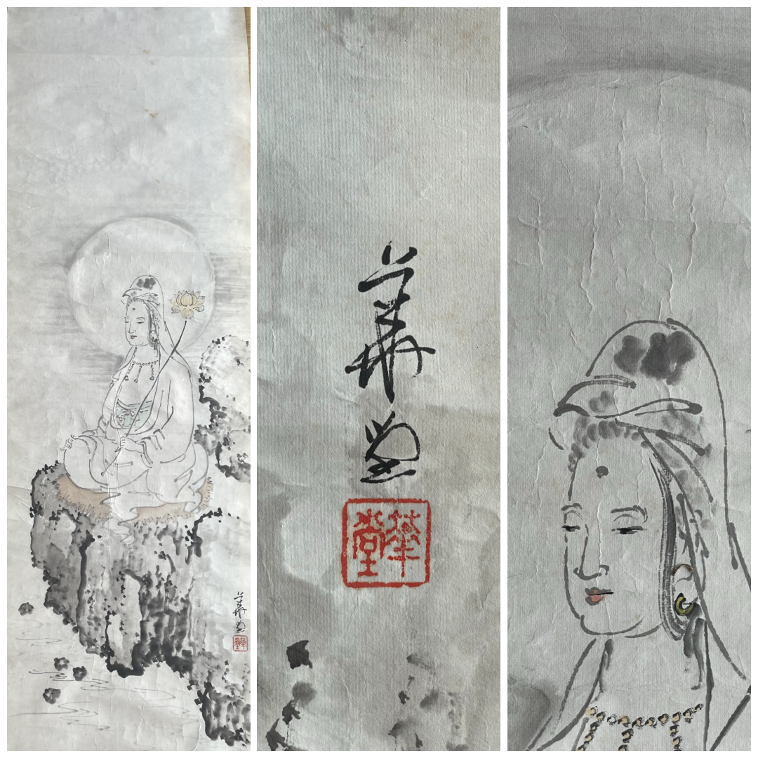 1920–1950 White-Robed Kannon Sumi-e Ink Painting by Kanemochi (Approximately 41X150CM)