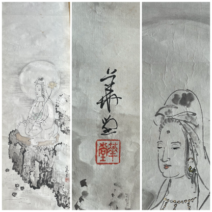 1920–1950 White-Robed Kannon Sumi-e Ink Painting by Kanemochi (Approximately 41X150CM)