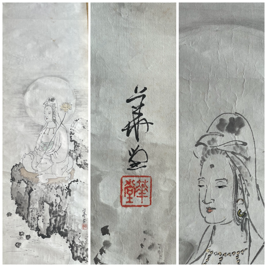 1920–1950 White-Robed Kannon Sumi-e Ink Painting by Kanemochi (Approximately 41X150CM)