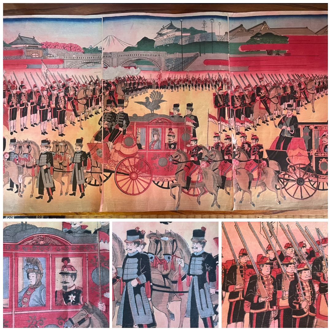 Meiji 1894 Ukiyo-e Nijūbashi Imperial Phoenix Carriage Procession by Utagawa Kunitoshi (Approximately 38X75CM)