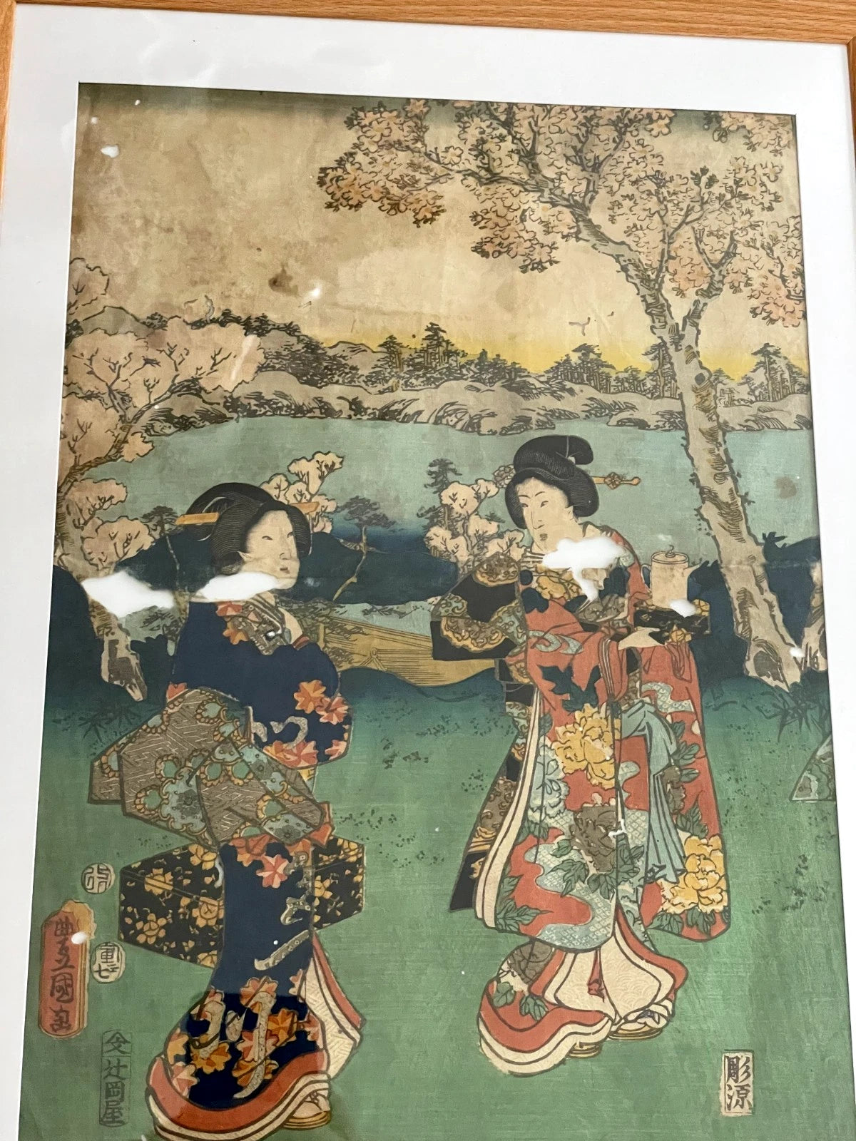 1854 Edo Era Ukiyo-e Set by Utagawa Kunisada. Beauties Admire Sakura in Kyoto. New A3 Preservation Frames