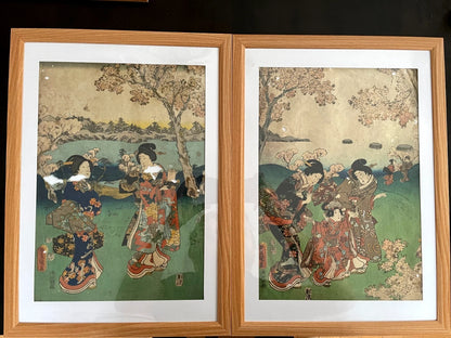 1854 Edo Era Ukiyo-e Set by Utagawa Kunisada. Beauties Admire Sakura in Kyoto. New A3 Preservation Frames