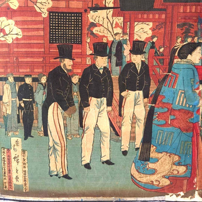 1881 Ukiyo-e "Sakura in Ueno" by Utagawa Hiroshige Woodblock Meiji Period Fashion on Display