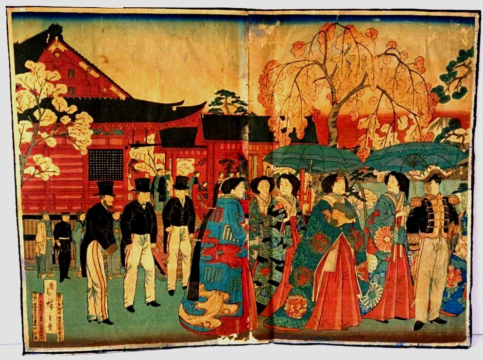 1881 Ukiyo-e "Sakura in Ueno" by Utagawa Hiroshige Woodblock Meiji Period Fashion on Display