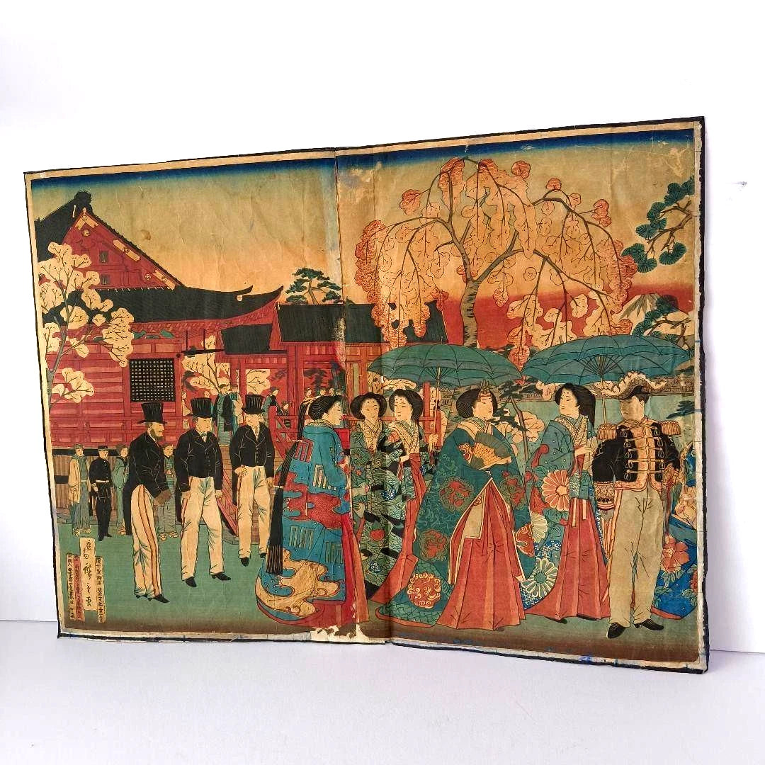 1881 Ukiyo-e "Sakura in Ueno" by Utagawa Hiroshige Woodblock Meiji Period Fashion on Display
