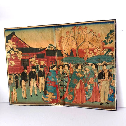 1881 Ukiyo-e "Sakura in Ueno" by Utagawa Hiroshige Woodblock Meiji Period Fashion on Display