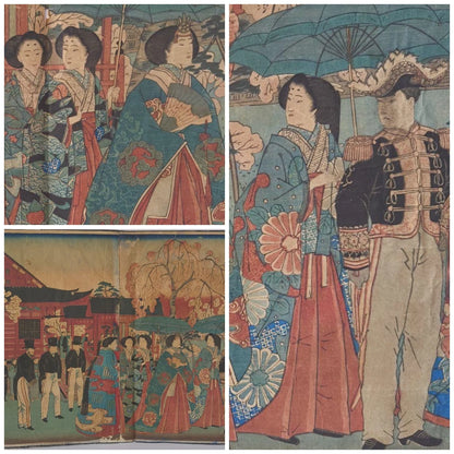 1881 Ukiyo-e "Sakura in Ueno" by Utagawa Hiroshige Woodblock Meiji Period Fashion on Display