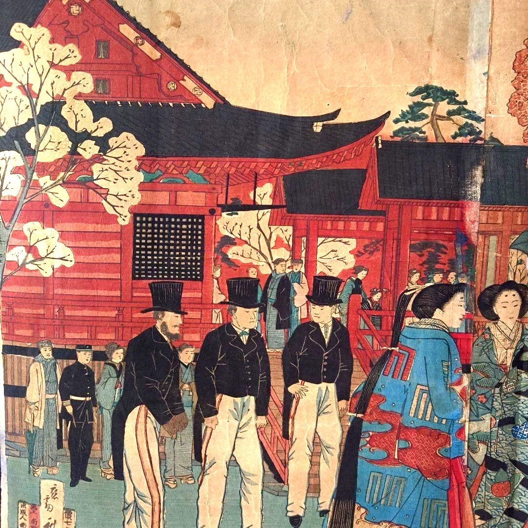 1881 Ukiyo-e "Sakura in Ueno" by Utagawa Hiroshige Woodblock Meiji Period Fashion on Display