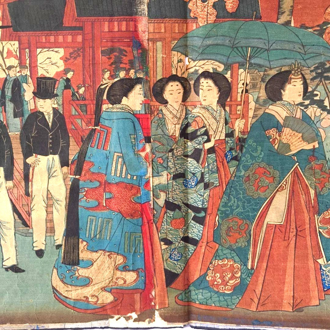 1881 Ukiyo-e "Sakura in Ueno" by Utagawa Hiroshige Woodblock Meiji Period Fashion on Display
